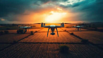 Drones fly over patterned farmland area