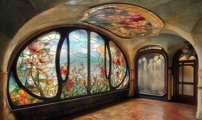 art nouveau interior, organic flowing lines, stained glass, nature-inspired design, decorative elegance 