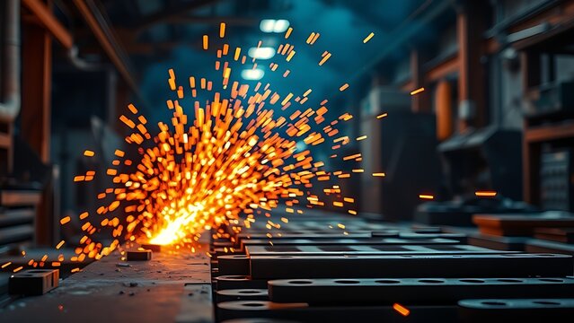 A close-up of a metal workshop with glowing sparks and dramatic lighting.