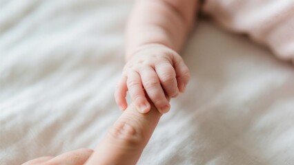 A tender moment captured in a close-up shot of a baby's hand gently gripping an adult's finger, showcasing the bond and innocence of early life on a soft, textured background .