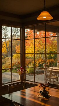 Cozy dining room with a view of vibrant autumn foliage. Warm sunlight streaming through large windows on a peaceful fall day.