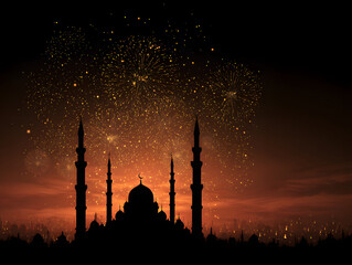 Festive Mosque Silhouette with Fireworks Celebrating Eid Festival in Warm Intimate Aesthetic for Spiritual and Community Branding
