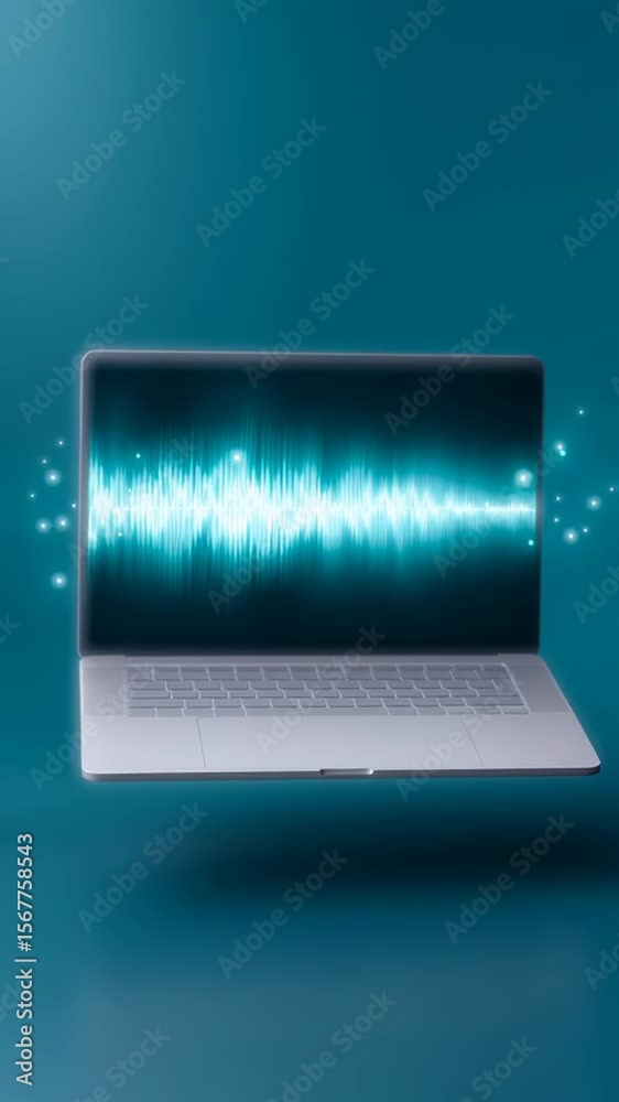 Poster laptop with sound wave visualization displayed on screen, surrounded by glowing particles, represent