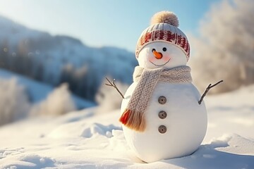 Obraz premium Snowman with carrot nose, stick arms, and button eyes wearing winter clothes in snowy mountain landscape