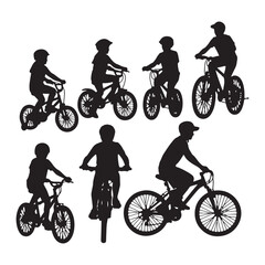 Fototapeta premium Collection of Black Silhouettes Children Riding Bikes Various Bicycle Types Kids on Bikes Different Bicycle Sizes Active Children Outdoor Activities Cycling Silhouettes