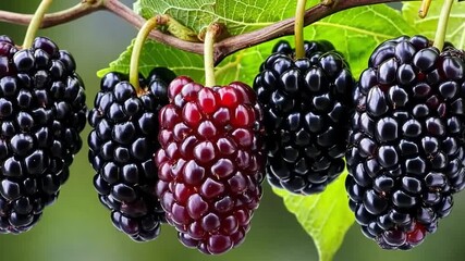 Black mulberry harvest on a branch in the garden, agribusiness business concept, organic healthy food and non-GMO fruits with copy space	