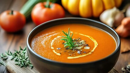 Hot pumpkin soup seasoned with rosemary and spices served in rustic bowl, surrounded by fresh ingredients on wooden table