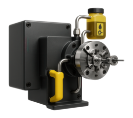 Spring coiling machine with a high-speed rotary wire guide and automatic lubrication system for a continuous production environment