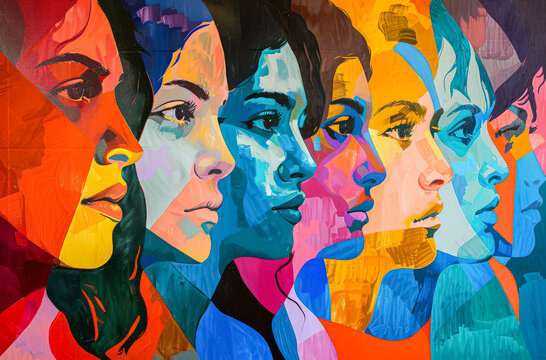 Painting of several women's faces with different colors and styles