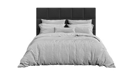 Modern double bed with bedding on transparent background. Furniture for mockups, presentations, and marketing materials.