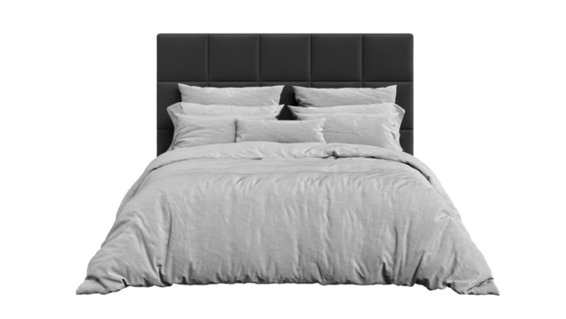 Modern double bed with bedding on transparent background. Furniture for mockups, presentations, and marketing materials.