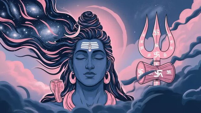 Hindu deity Shiva meditating with trident and snake. Spiritual drawing of lord Shiva for religious and cultural concepts. Footage.