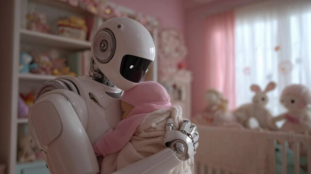 Humanoid robot gently holding baby in pink nursery, heartwarming futuristic caregiving scene.