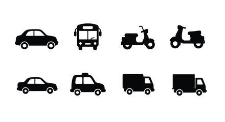 Fototapeta premium Black vehicle icons including cars buses scooters and trucks vector