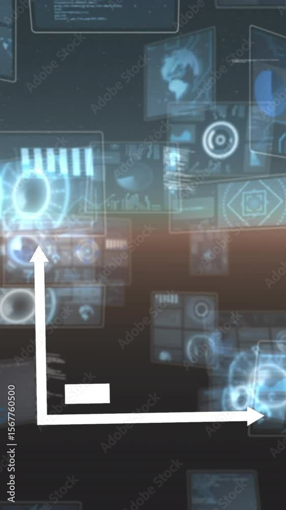 Poster bar graph icon against multiple round scanners and data processing on blue background