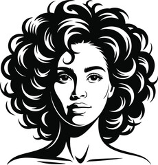 Curly Hair Woman Portrait Black and White Vector Illustration