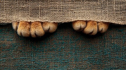 Curiosity Paws: Close-up shot, of adorable tiny paws of a furry friend peaking from under a cozy fabric. This adorable moment is all about playful innocence.