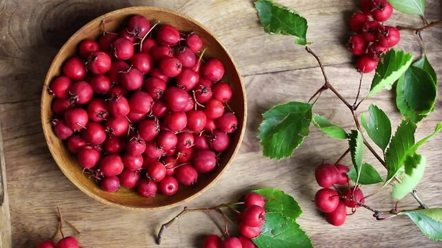 Flat lay view of fresh Crataegus curvisepala, Crataegus monogyna, Crataegus rhipidophylla known as common hawthorn or single-seeded hawthorn fresh berries in bowl with leaves and branch. 