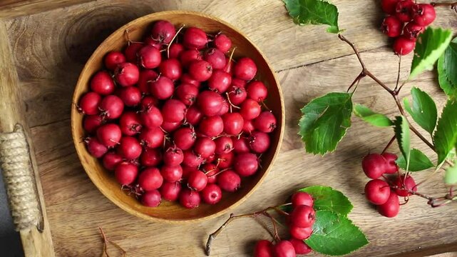 Flat lay view of fresh Crataegus curvisepala, Crataegus monogyna, Crataegus rhipidophylla known as common hawthorn or single-seeded hawthorn fresh berries in bowl with leaves and branch. 