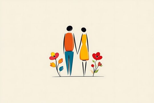 Abstract one-line drawn couple holding hands with flowers