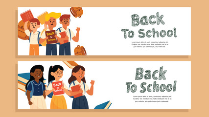 Two stylish banner designs featuring cartoon students and school campaign text