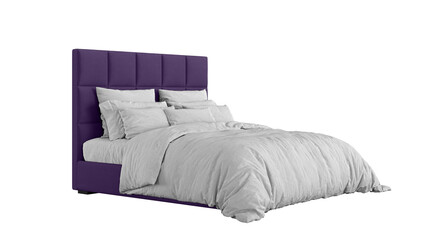 Modern bed with bedding on isolated background. Furniture for the interior collages and...