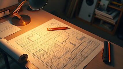 Architectural blueprints spread on a drafting table, illuminated by a warm lamp, showcasing meticulous design work.
