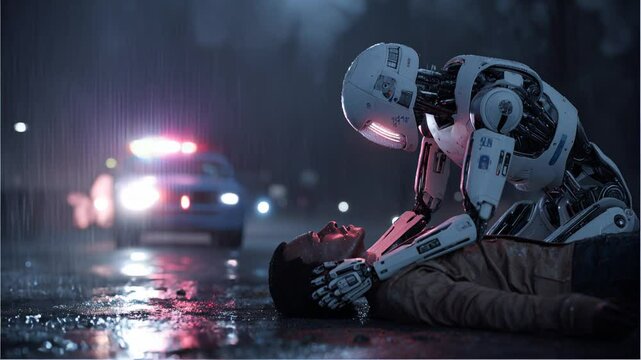 Robot aiding injured man on rainy night street as police lights flash in background, emotional rescue scene.