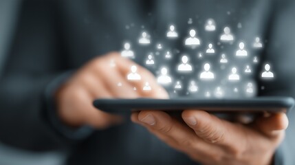 CRM Concept | Businessman Using Tablet for Customer Network | HR Management and Recruitment | Minimalist Tech Theme