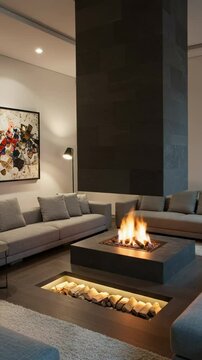 Modern living room with a central fire pit and sunken floor fireplace. Luxurious contemporary interior design with grey sofas and a large slate chimney.