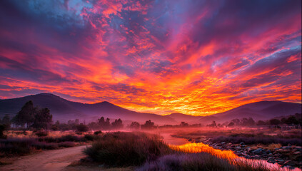 Fototapeta premium Vibrant Sunset and Sunrise Scene Featuring Warm Colours and Natural Landscape