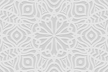 Ethnic white background, tribal design cover, banner, wallpaper. Geometric artistic boho pattern, embossing, 3D. Ornaments, arabesques, mandala, fresco of the East, Asia, India, Mexico, Aztec, Peru.