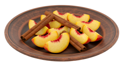 Peach Slices and Cinnamon Sticks on Rustic Transylvanian Ceramic Plate