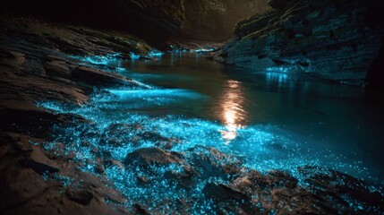 Thousands of bioluminescent blue worms illuminating a subterranean river, reflecting in crystal-clear water, magical realism 