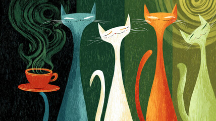 Four stylized cats with long necks and closed eyes — blue, white, and orange — near a steaming green cup on a red saucer, spiral steam, dark green-black background.