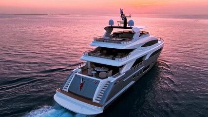 Luxurious Yacht on Calm Waters: A sleek and elegant yacht gracefully cuts through the tranquil waters under a serene sky during sunset, offering an embodiment of luxury, travel, and the open sea.