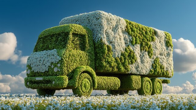 3D Green Eco Truck Icon on Spring Meadow - Clean Transportation Concept with Blue Sky and Minimal Bright Background for Sustainable Business and Green Energy Campaigns