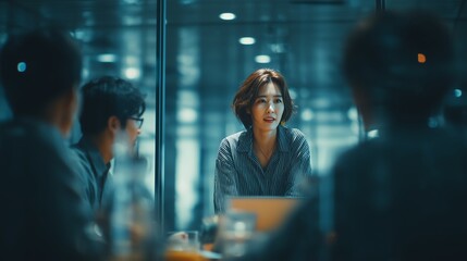 Asian manager presenting laptop data to team in clean glass wall meeting room