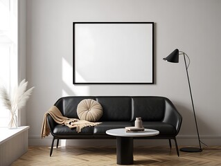 Modern Minimalist Living Room Mockup  Black Leather Sofa, Blank Frame, and Stylish Decor