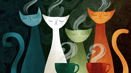 Four stylized cats with long necks and closed eyes — blue, white, and orange — near a steaming green cup on a red saucer, spiral steam, dark green-black background.