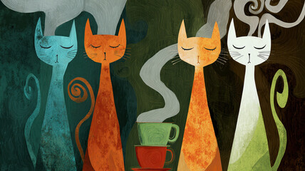 Four stylized cats with long necks and closed eyes — blue, white, and orange — near a steaming green cup on a red saucer, spiral steam, dark green-black background.