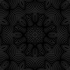 Ethnic black background, tribal design cover, banner, wallpaper. Geometric artistic old boho pattern, embossing, 3D. Ornaments, arabesques, mandala, fresco of the East, Asia, India, Mexico, Aztec.