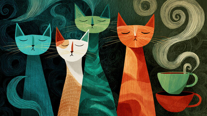 Four stylized cats with long necks and closed eyes — blue, white, and orange — near a steaming green cup on a red saucer, spiral steam, dark green-black background.
