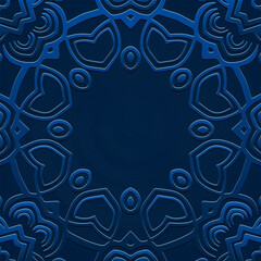 Ethnic blue lorem background, tribal design cover, banner, wallpaper. Geometric old boho pattern, embossing, 3D. Ornaments, arabesques, mandala, fresco of the East, Asia, India, Mexico, Aztec, Peru.