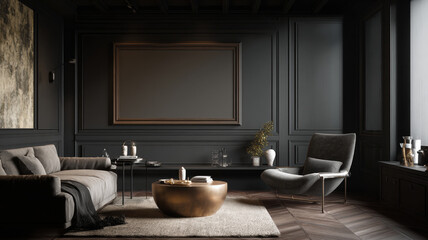 Realistic frame mockup in a modern dark home interior with rich textures, soft lighting, and clear copy space for artwork or text.