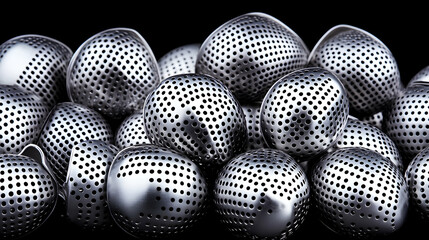 Various-sized, gleaming metal graters and strainers for cooking and kitchen preparation