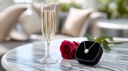 Chic jewelry display with champagne and roses on a marble table