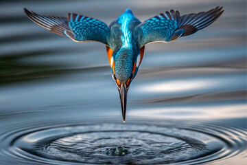 Kingfisher Diving into Water Blue Feathers Spread Wings