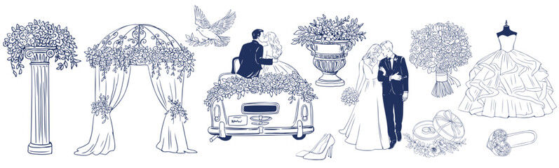 Romantic Wedding Clipart Collection Bride and Groom, Ceremony Arch, Flowers, Dress, and Accessories in Linear Outline Drawing Style