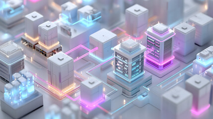 Isometric futuristic server network glowing in purple, blue, and green tones, connected by green light lines on a dark background, showcasing advanced digital technology infrastructure.